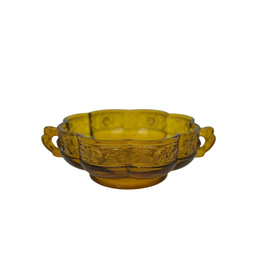 VTG Jeannette Aztec Rose Carnival Glass Candy Dish Amber 8.5" Embossed Handles